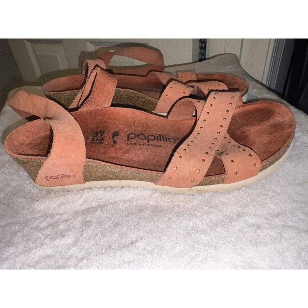 Papillio By Birkenstock Size 7 EU 37 Lola Coral Nubuck Wedge Sandals